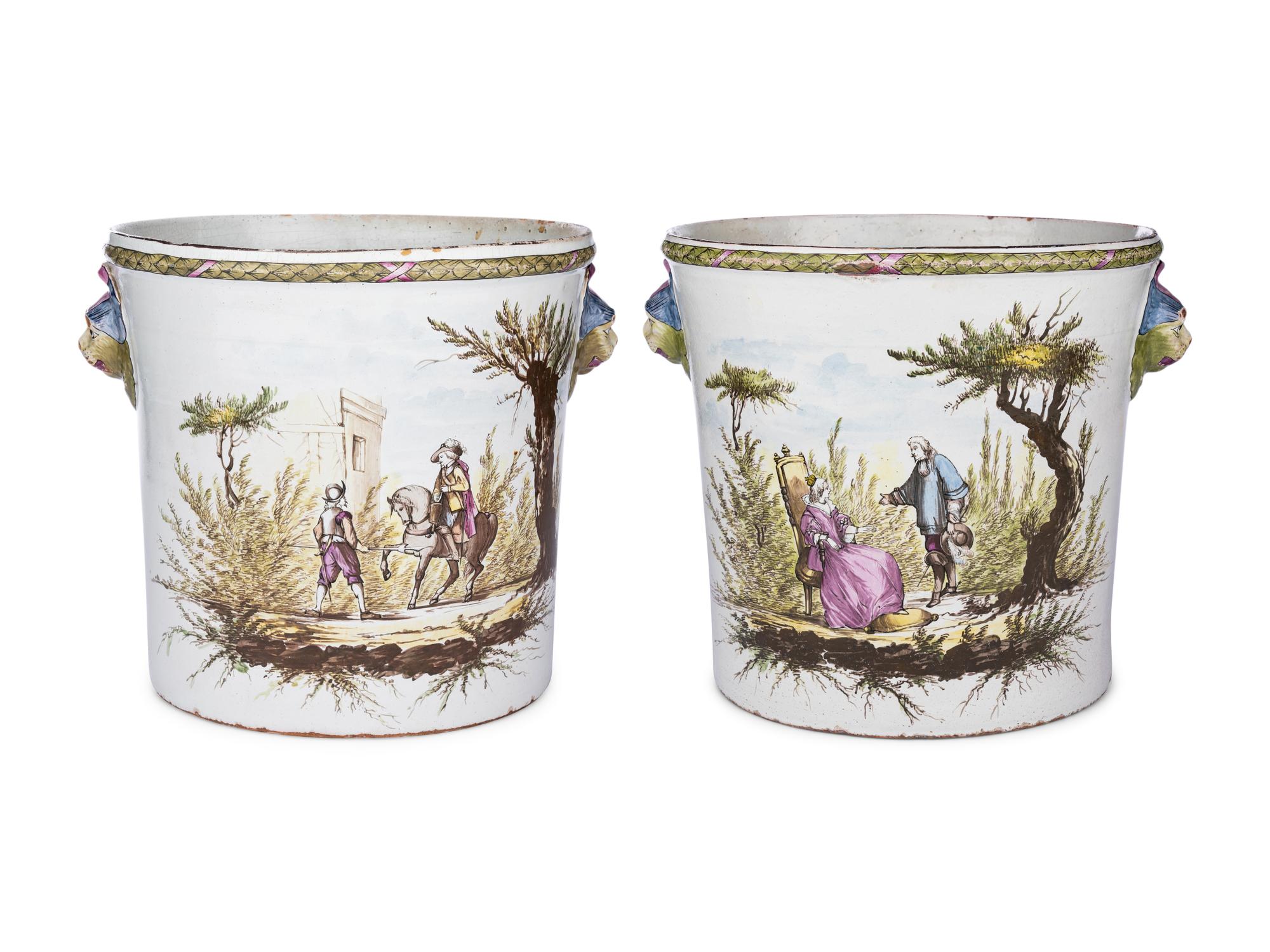 A Pair of French Polychrome Glazed Faience Jardinières