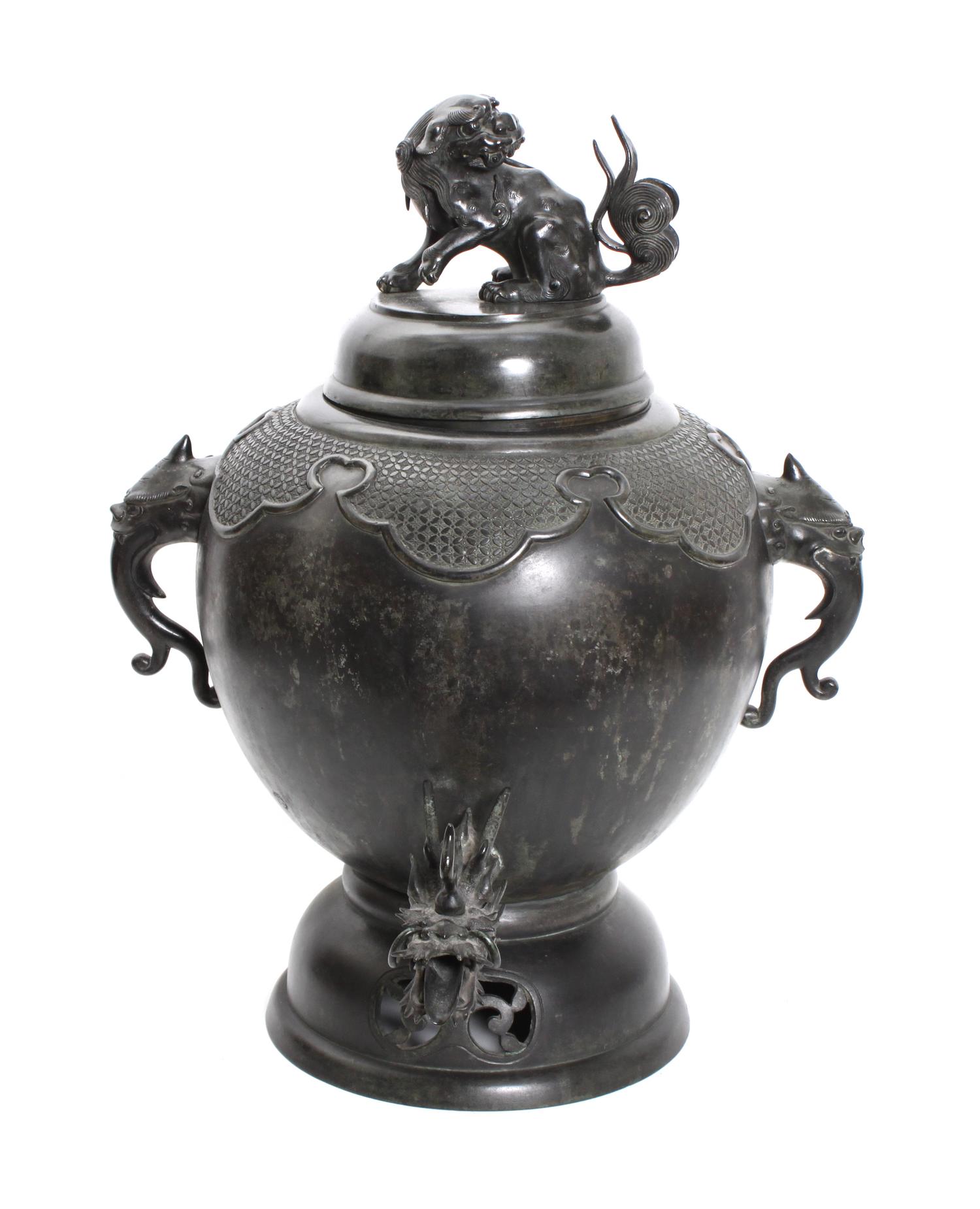 A Southeast Asian Bronze Urn Height 22 x width 16 x depth 16 inches