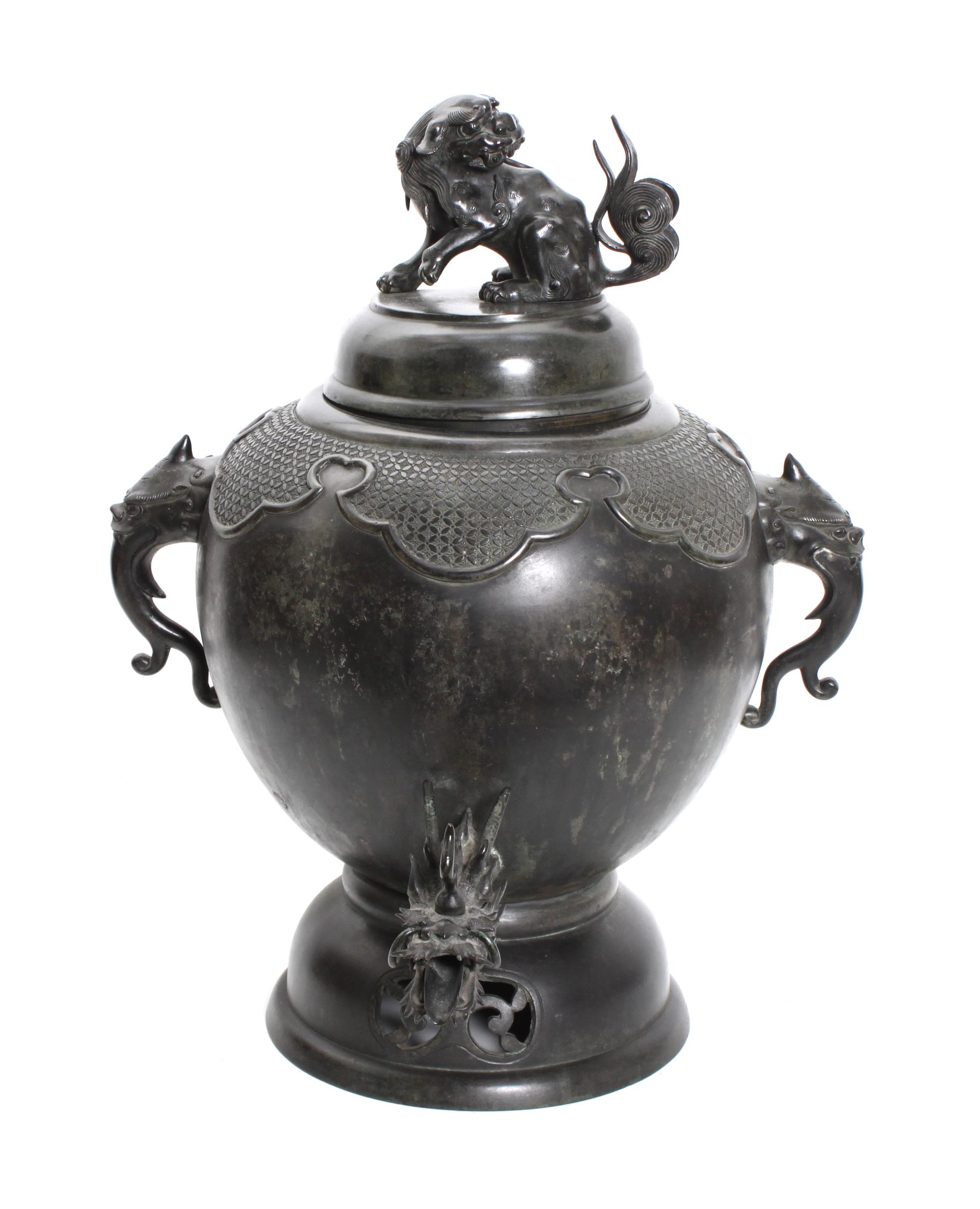 A Southeast Asian Bronze Urn Height 22 x width 16 x depth 16 inches