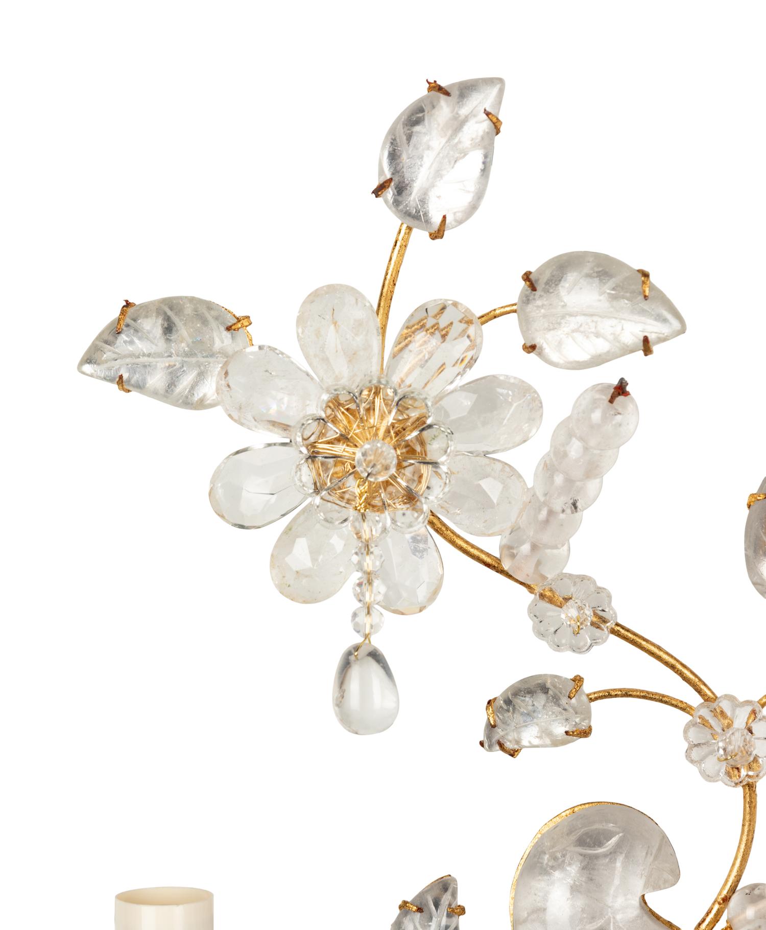 A Pair of Gilt Metal Mounted Rock Crystal Two-Light Sconces
