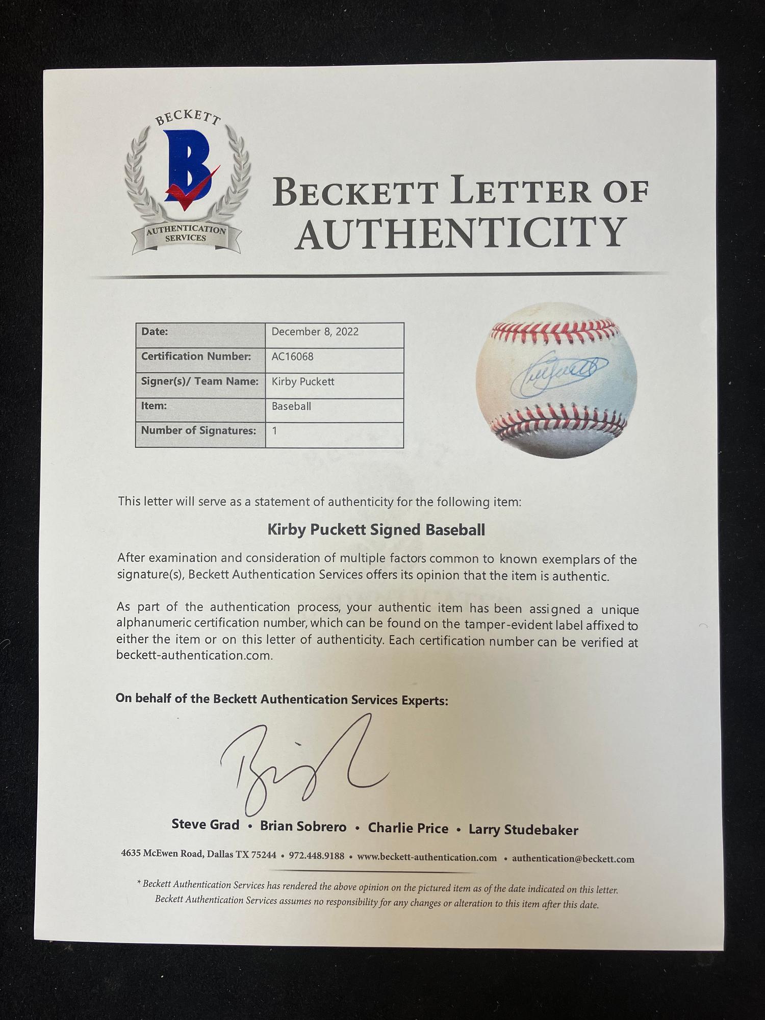 A Group of Kirby Puckett Signed Autograph Items (Beckett Authentication Services Letter),