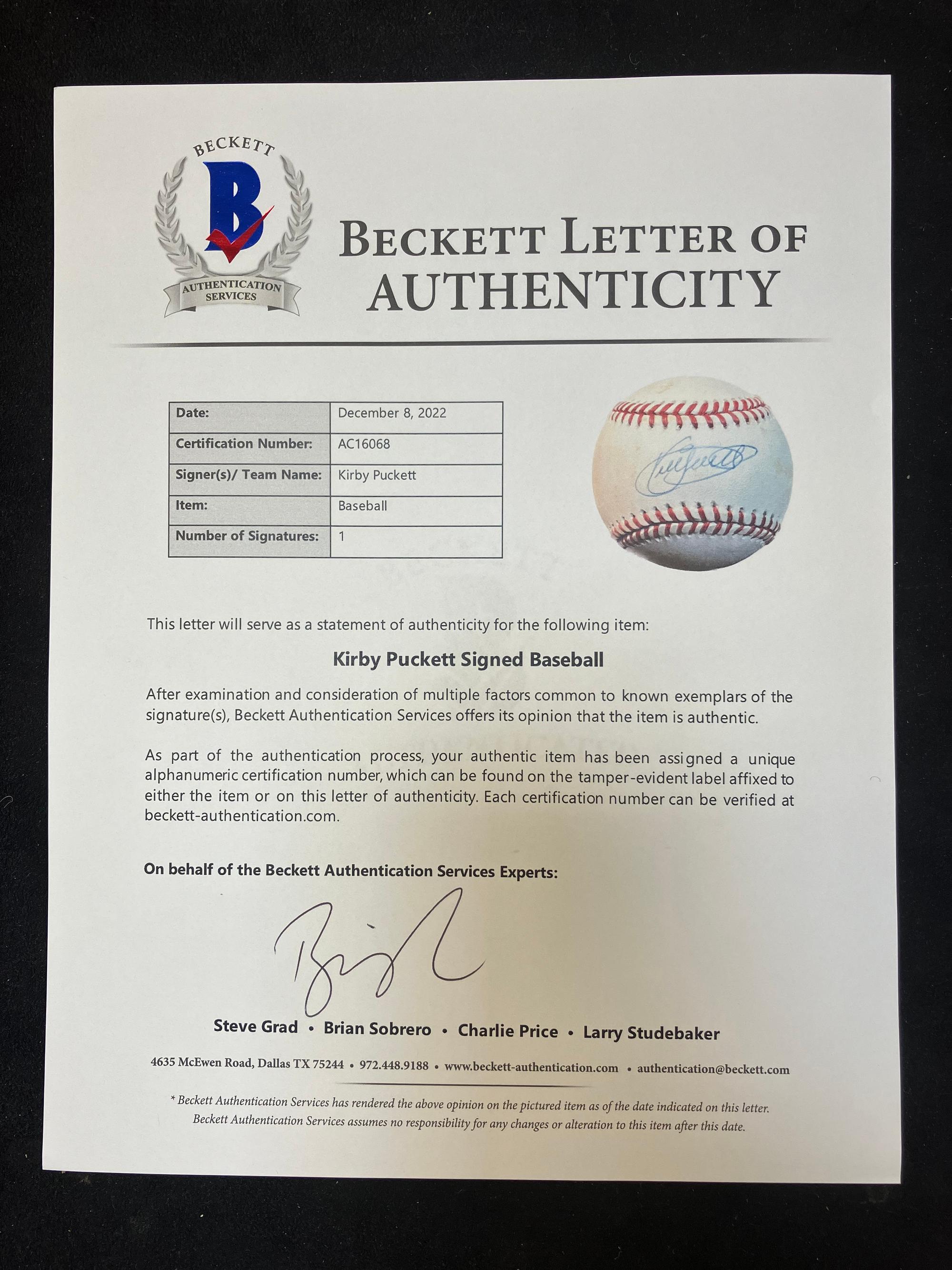 A Group of Kirby Puckett Signed Autograph Items (Beckett Authentication Services Letter),