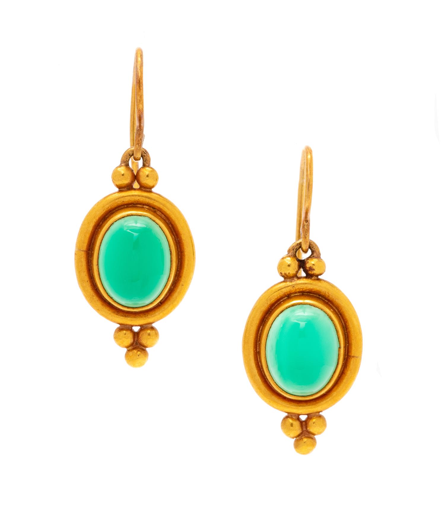 A Pair of 22 Karat Yellow Gold and Chrysoprase Earrings, Temple St. Clair,