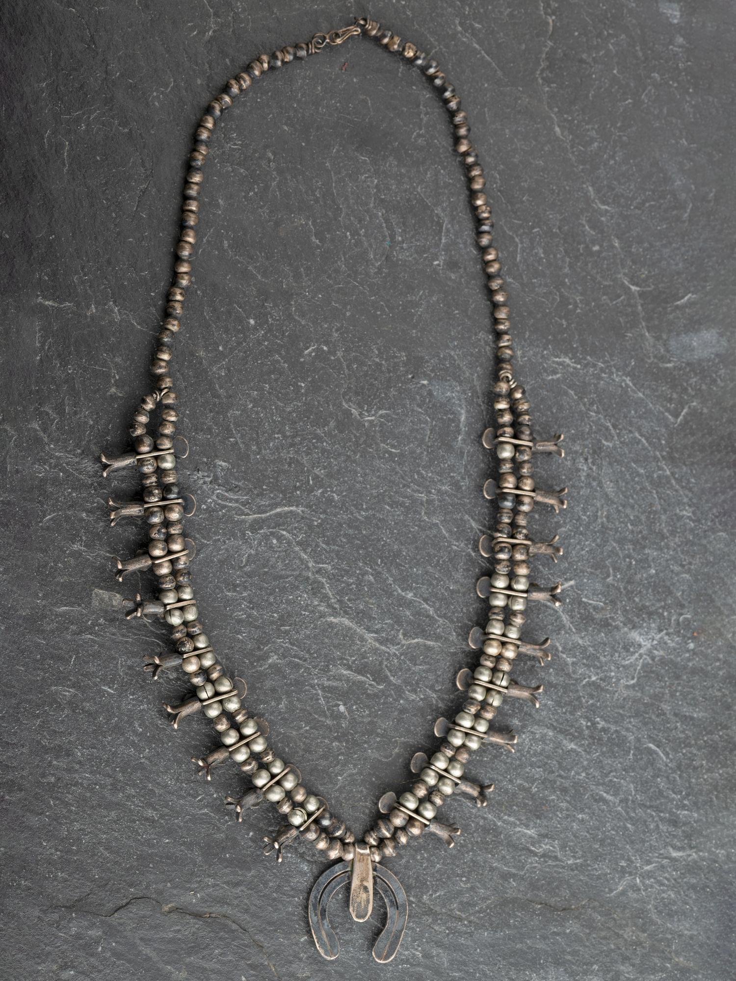 Navajo Child's Silver and Turquoise Box Bow Squash Blossom Necklace