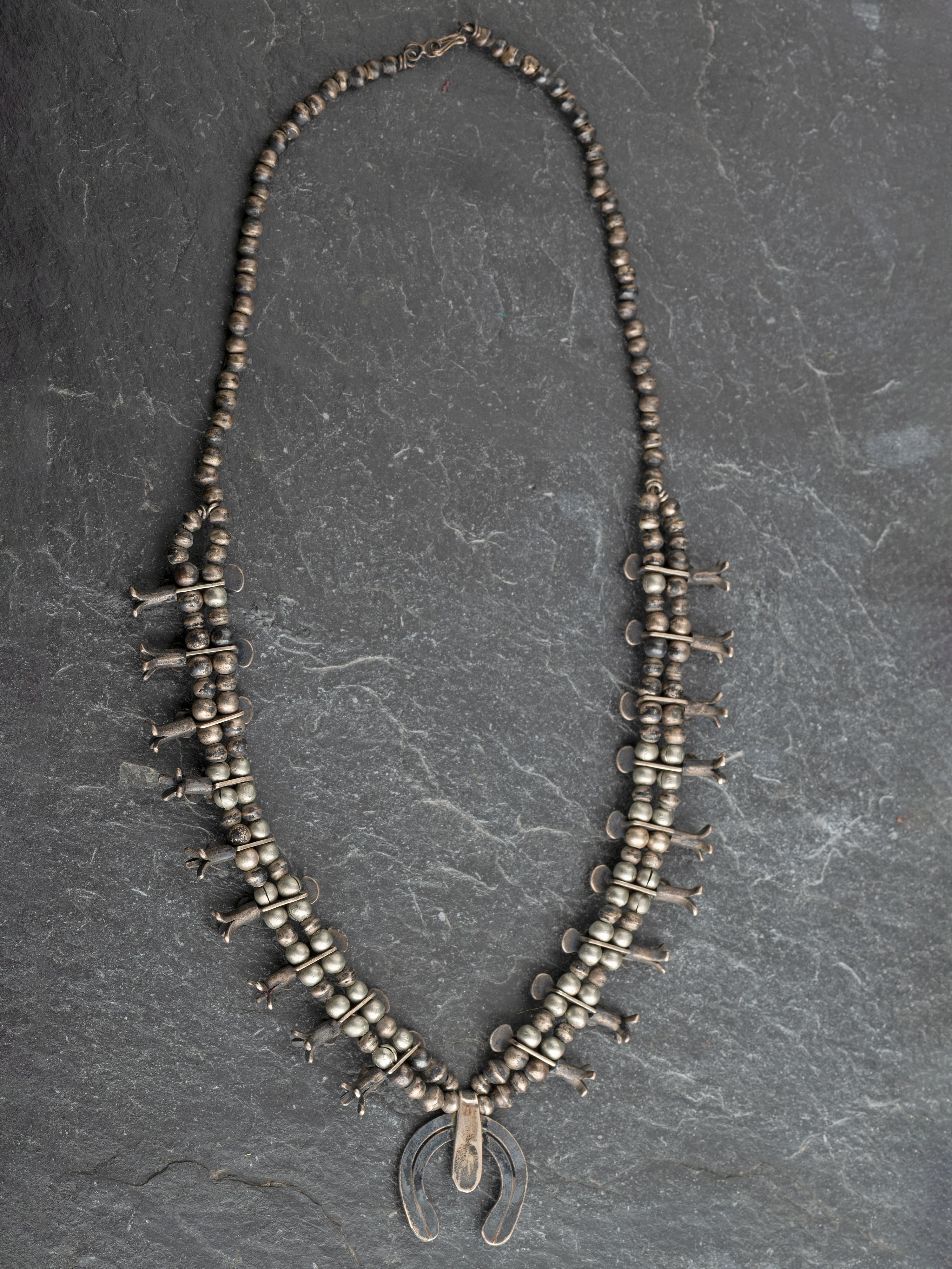 Navajo Child's Silver and Turquoise Box Bow Squash Blossom Necklace