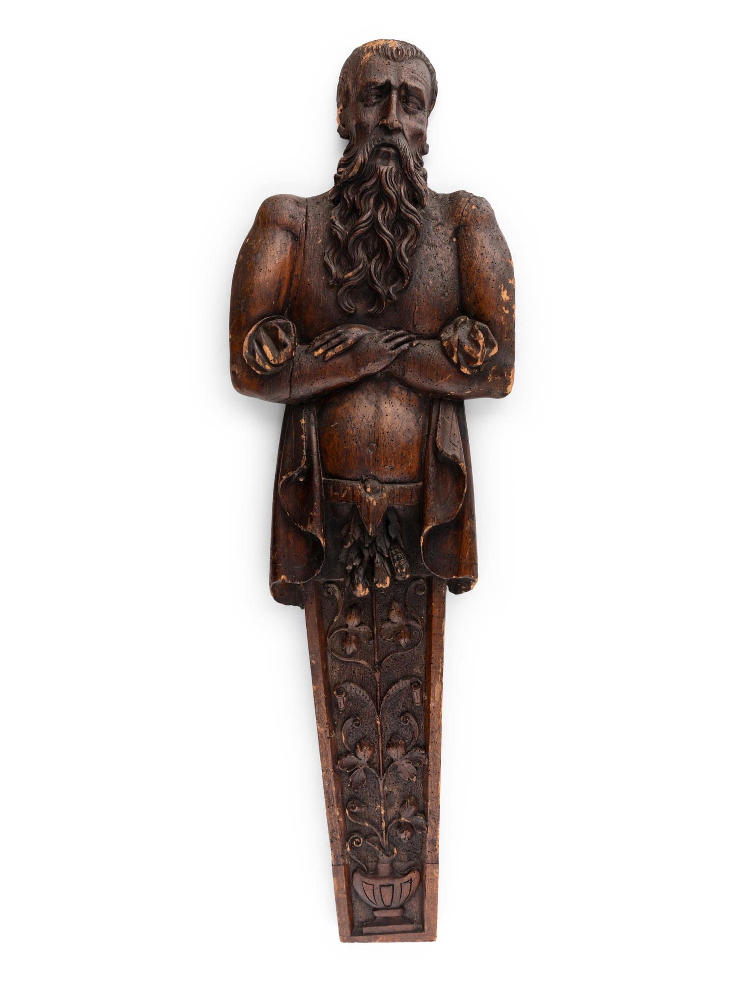 A Northern European Carved Fruitwood Figural Architectural Element