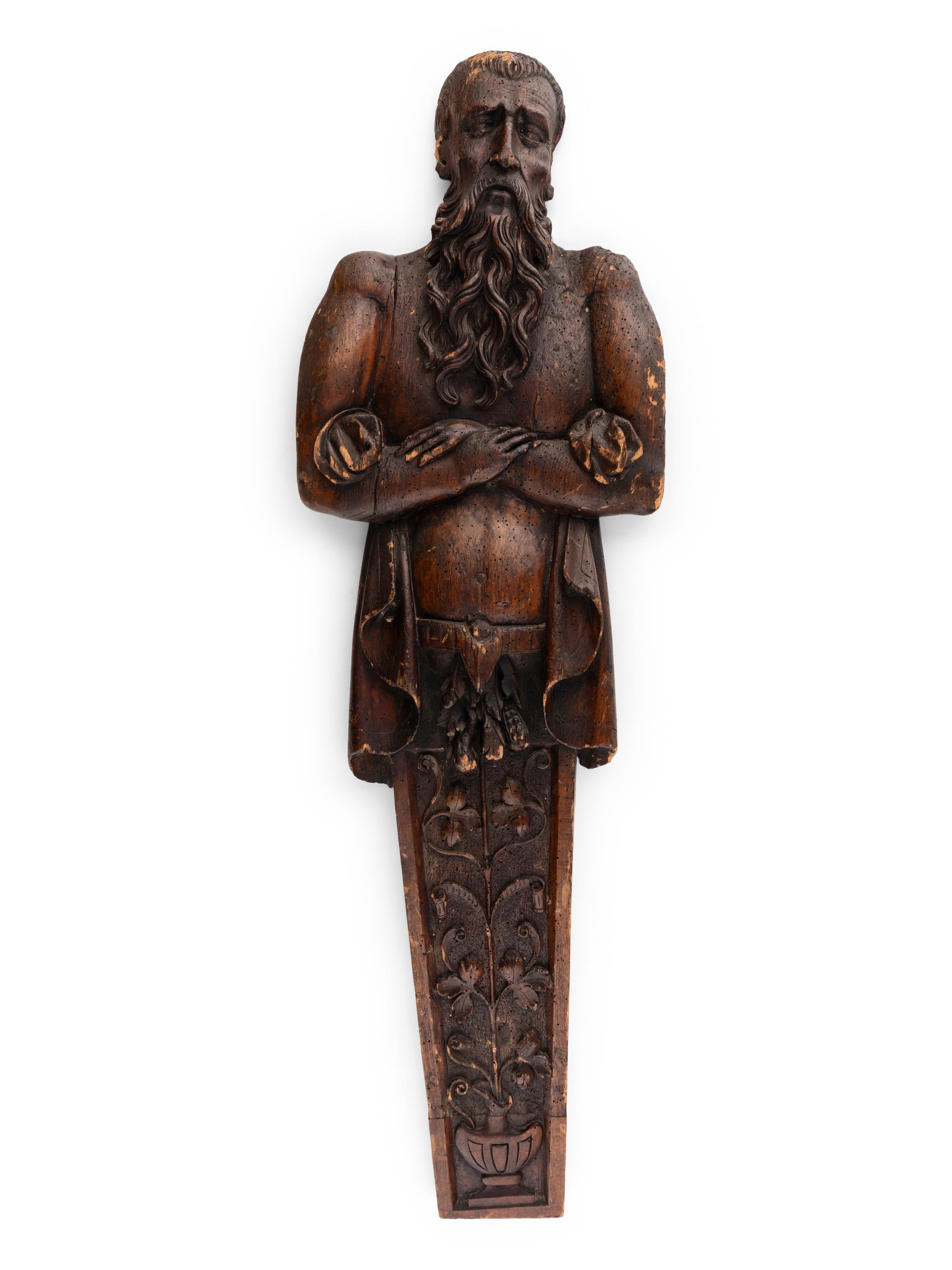 A Northern European Carved Fruitwood Figural Architectural Element