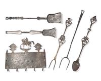 An Assorted Group of Six Wrought Iron Kitchen and Fireplace Accessories