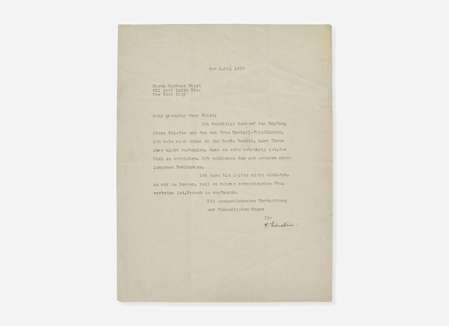 [Science, Medicine & Mathematics] Einstein, Albert: Typed Letter, signed
