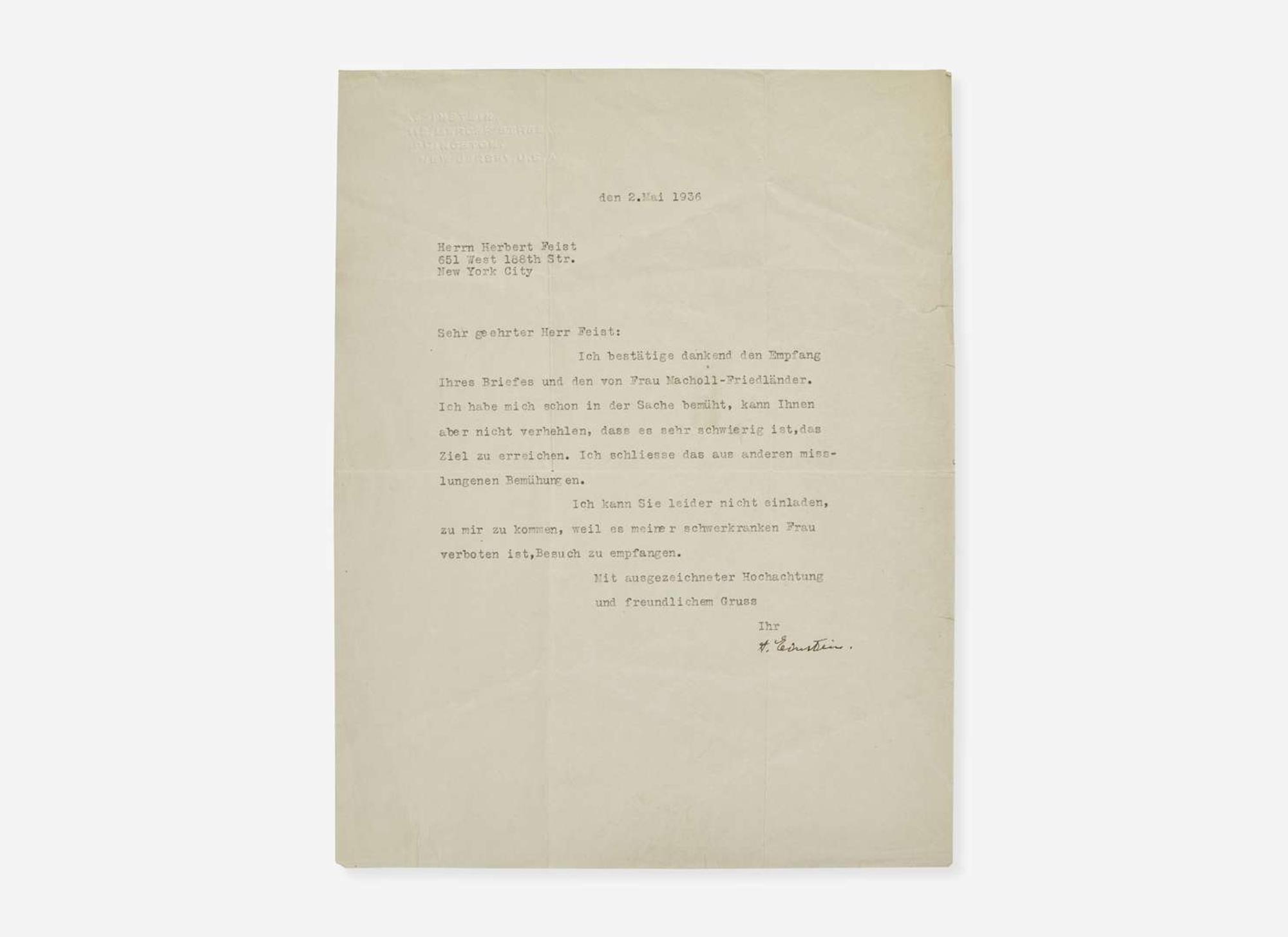 [Science, Medicine & Mathematics] Einstein, Albert: Typed Letter, signed
