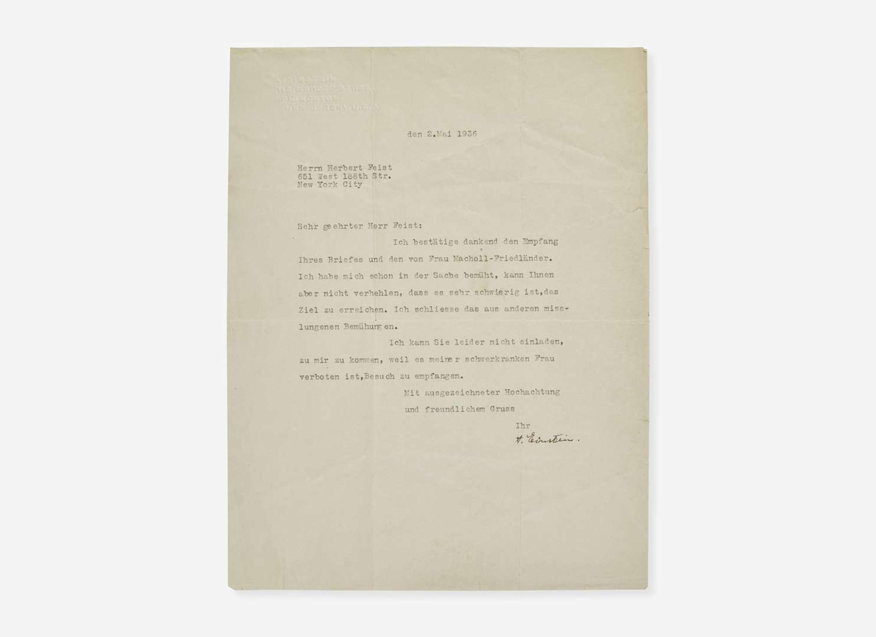 [Science, Medicine & Mathematics] Einstein, Albert: Typed Letter, signed