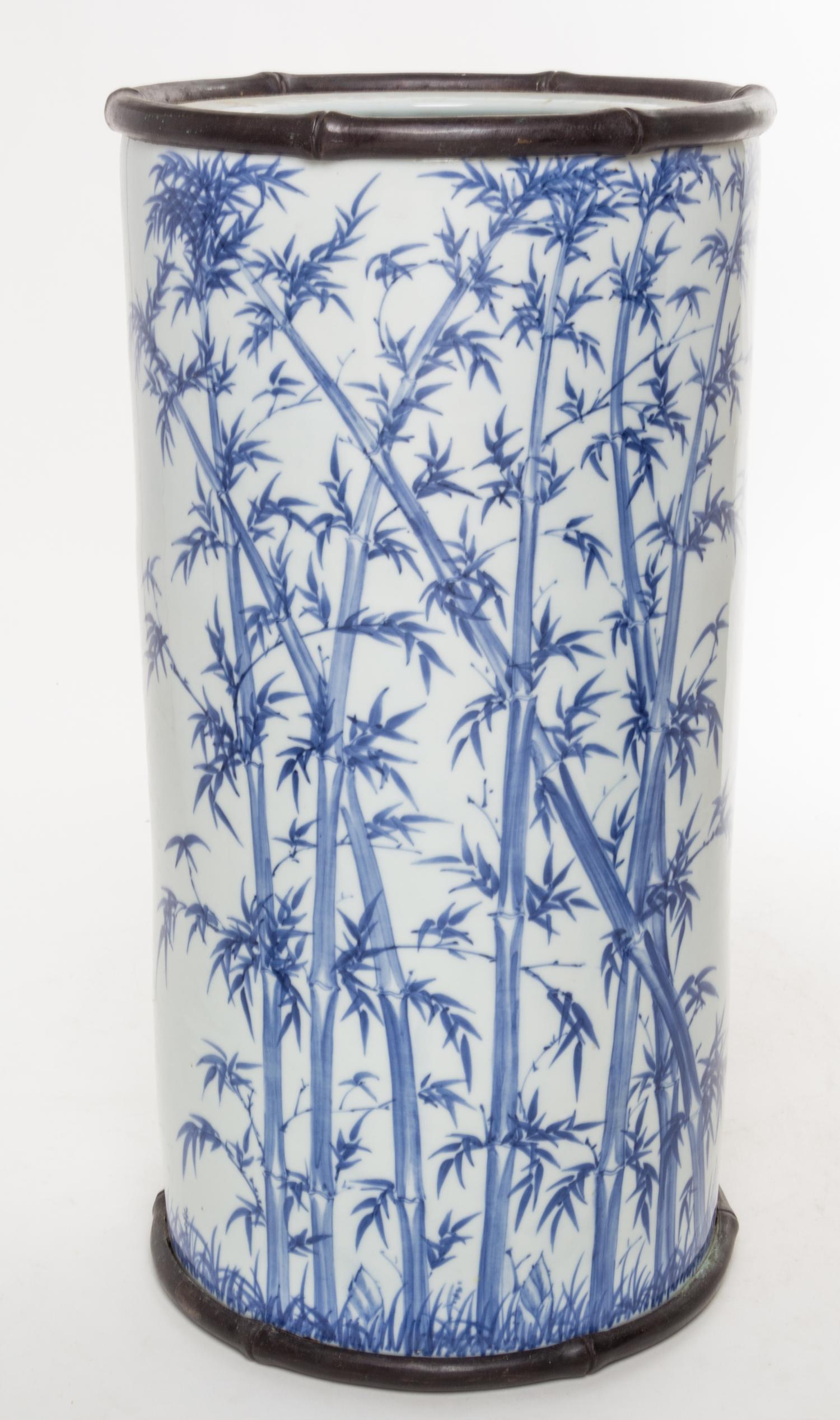 A Chinese Blue and White Porcelain Umbrella Stand Height 18 1/2 inches.