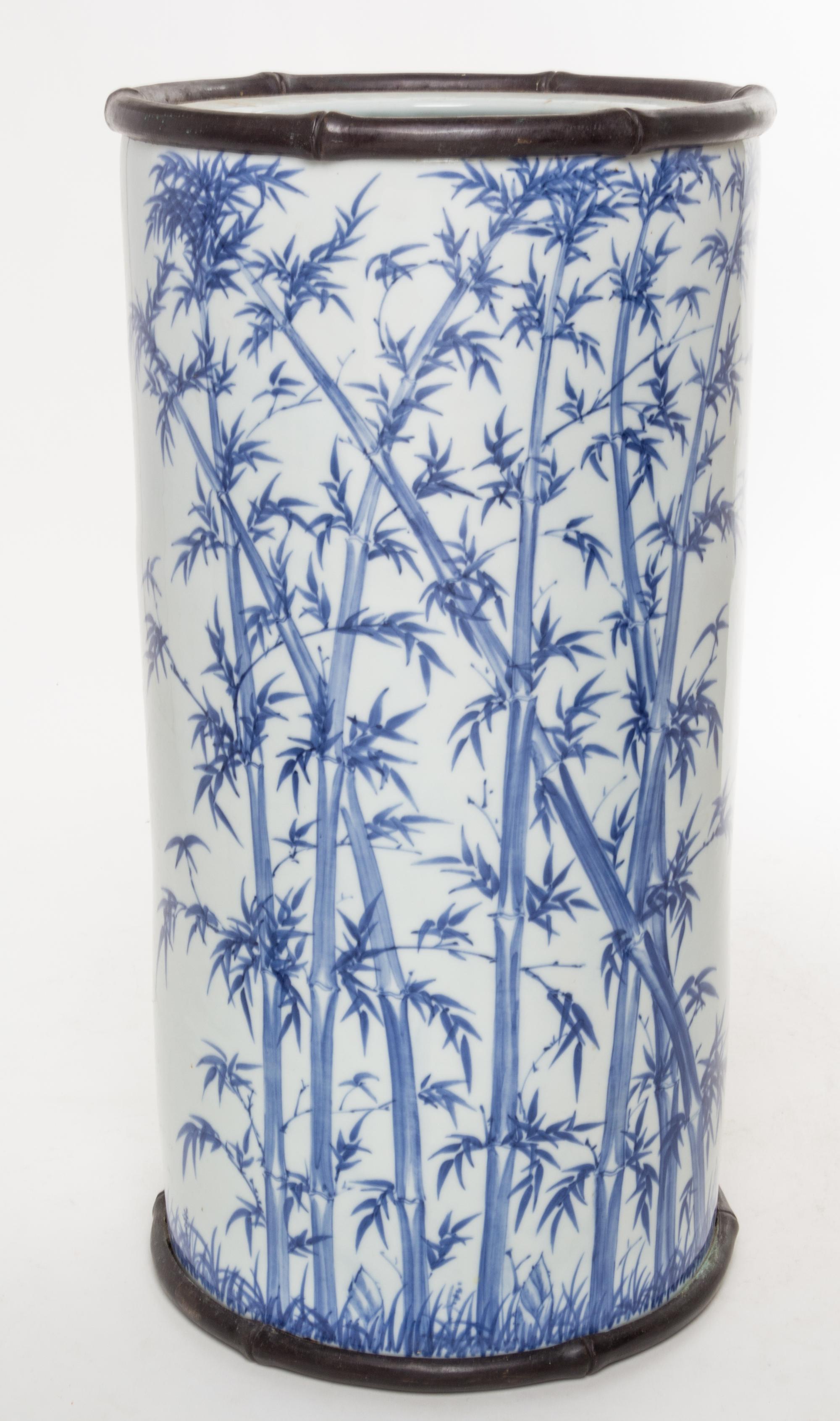 A Chinese Blue and White Porcelain Umbrella Stand Height 18 1/2 inches.