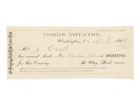 [LINCOLN ASSASSINATION]. Partially printed advance ticket for the 14 April 1865 performance of Our American Cousin issued to Mr. J. Craft at Ford's Theatre. Washington, D.C., 14 April 1865.