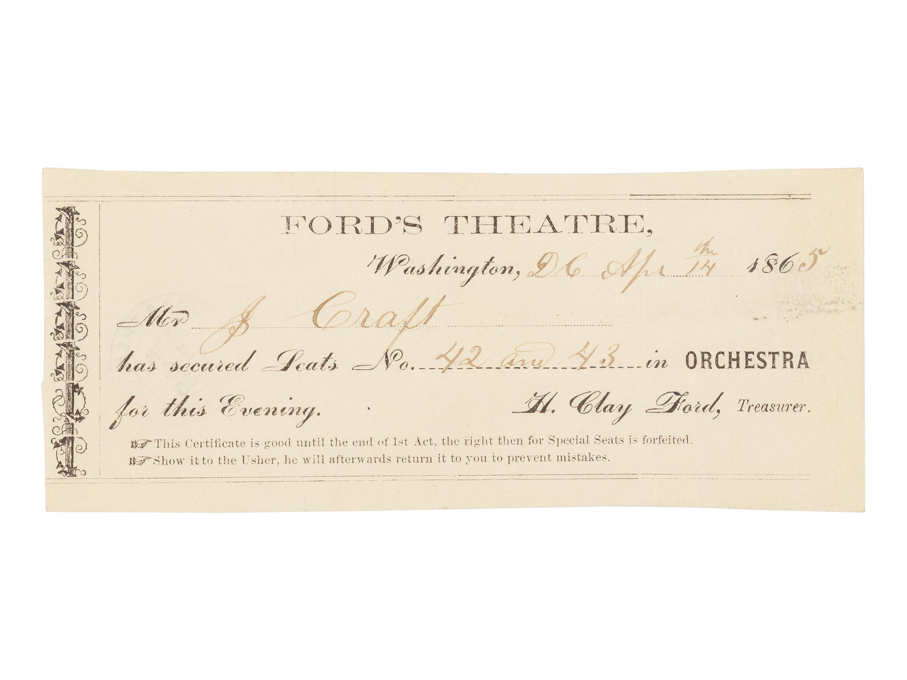 [LINCOLN ASSASSINATION]. Partially printed advance ticket for the 14 April 1865 performance of Our American Cousin issued to Mr. J. Craft at Ford's Theatre. Washington, D.C., 14 April 1865.