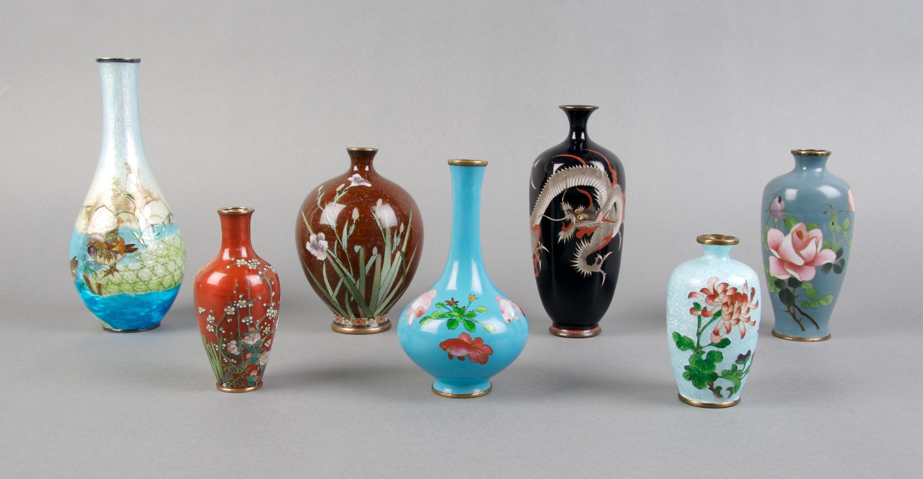 A Collection of Seven Japanese Cloisonne Cabinet Vases, Height of tallest 7 1/4 inches.