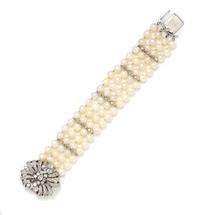 A White Gold, Diamond and Cultured Pearl Multistrand Bracelet, 33.10 dwts.