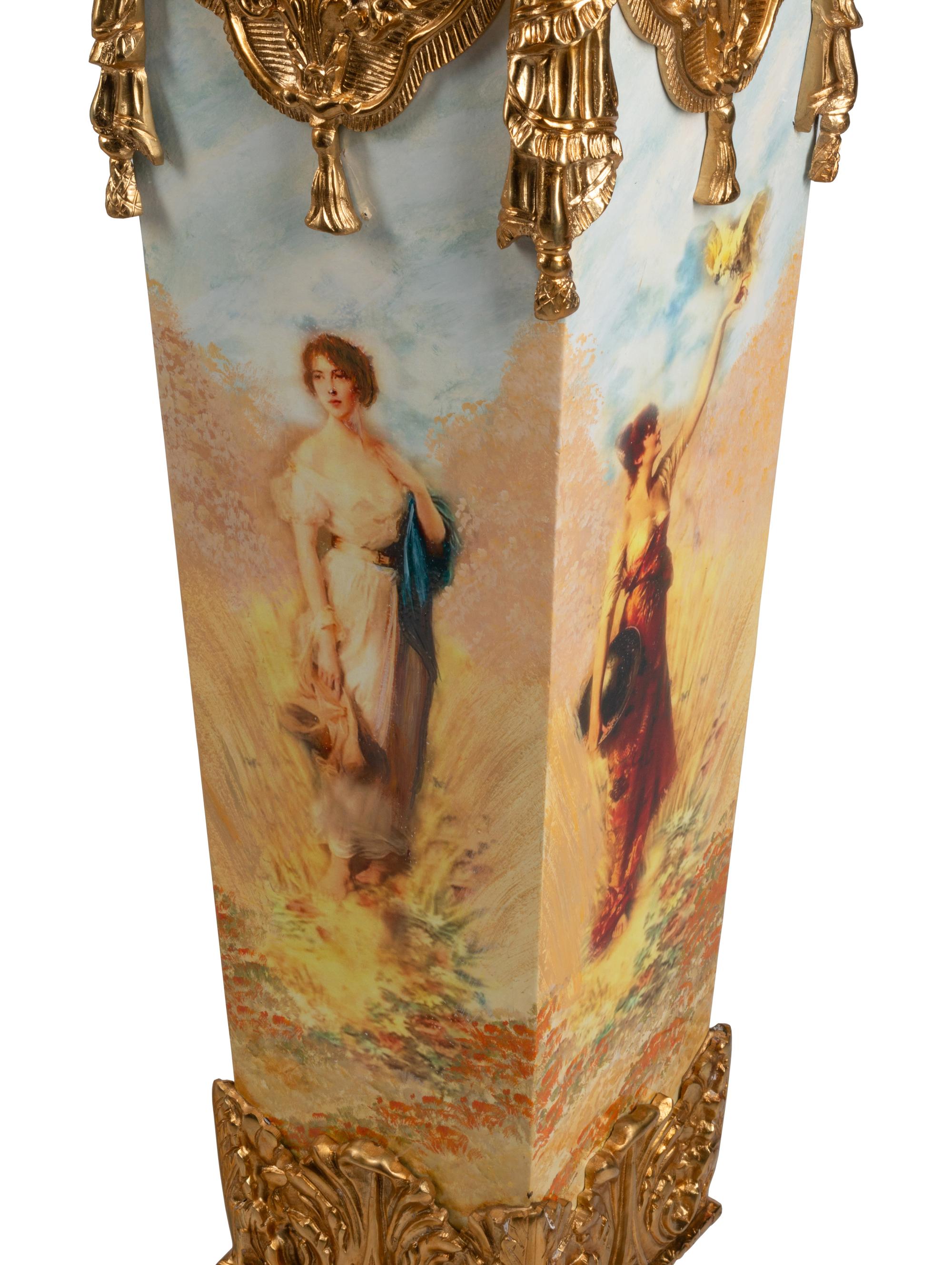 A Pair of Napoleon III Style Gilt Metal Mounted Marble and Metal Pedestals