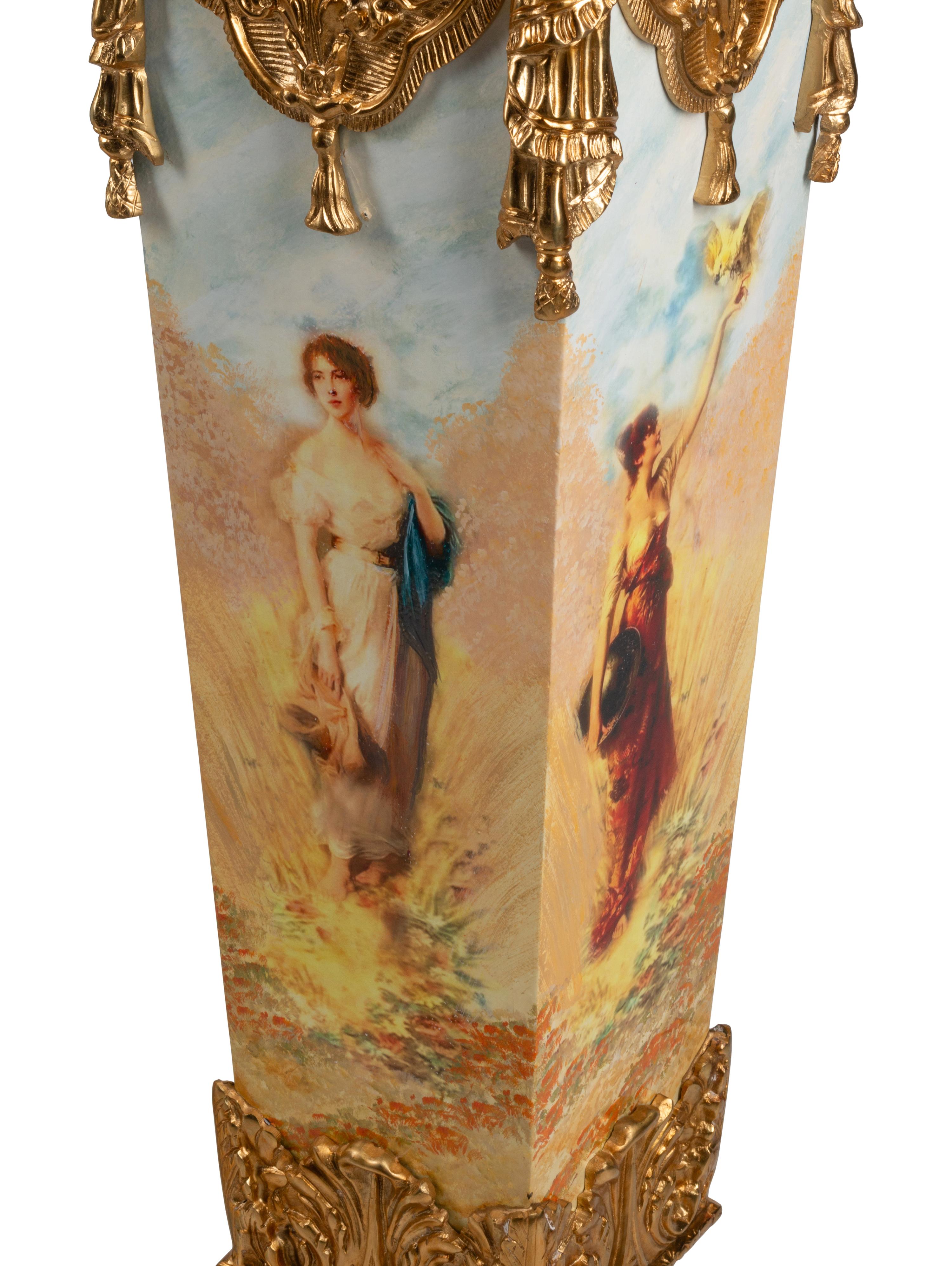 A Pair of Napoleon III Style Gilt Metal Mounted Marble and Metal Pedestals