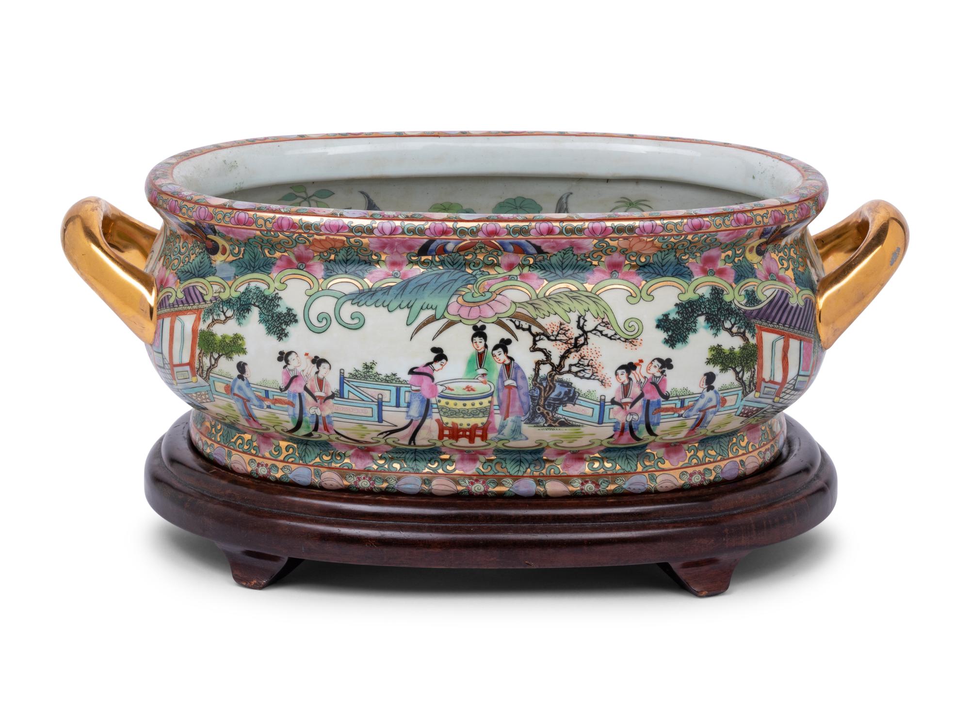 A Chinese Export Porcelain Jardiniere and Wood Stand
