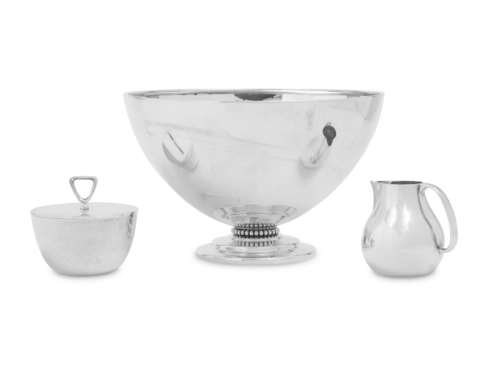 A Georg Jensen Silver Cream and Sugar Set and an American Silver Center Bowl