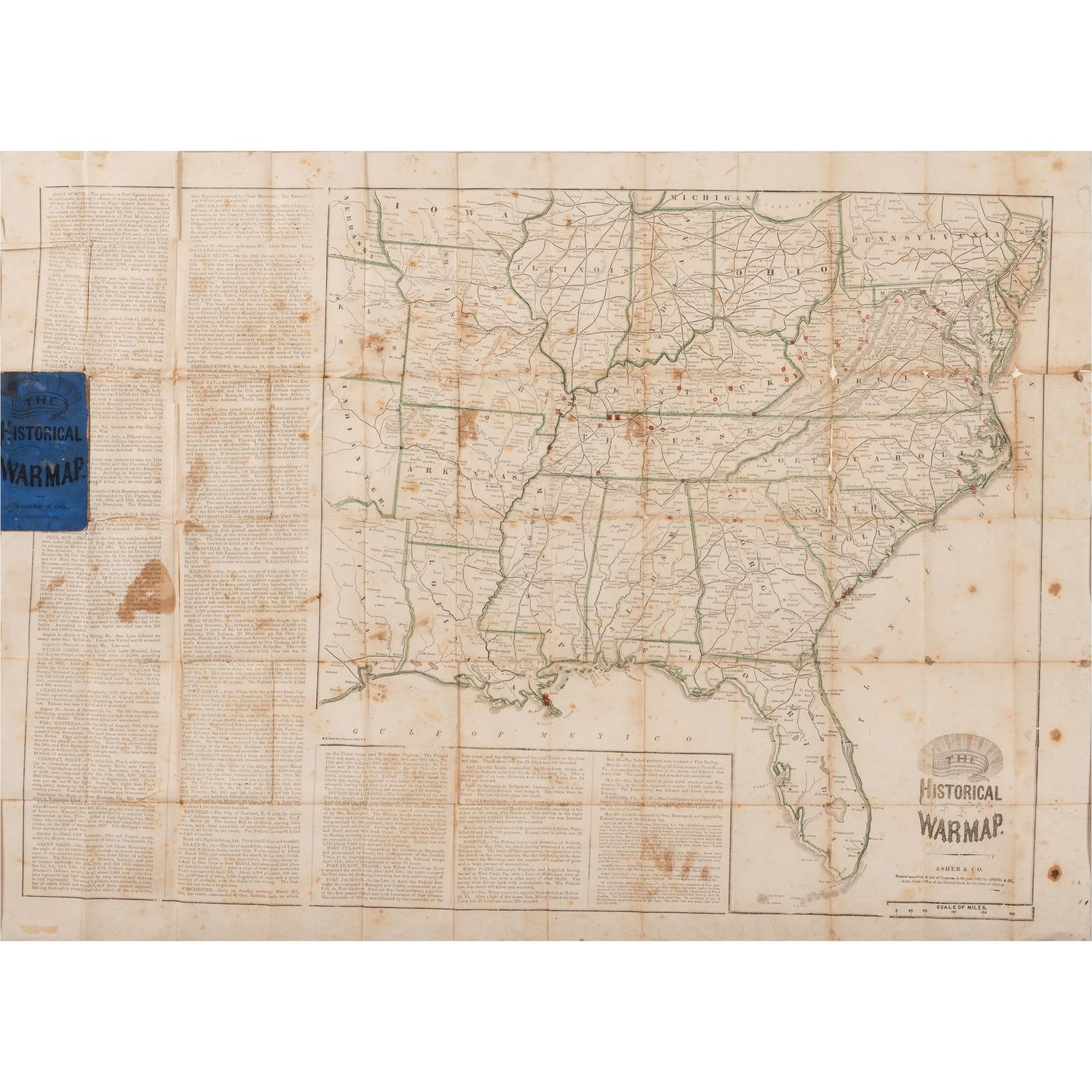 Asher's Historical War Map, 1862, with 100th Indiana History, Incl. Inked-In Troop Movements and Letter
