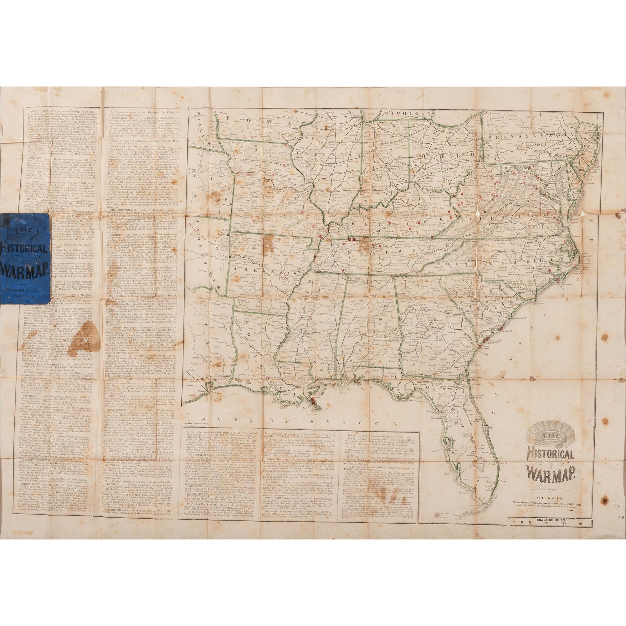 Asher's Historical War Map, 1862, with 100th Indiana History, Incl. Inked-In Troop Movements and Letter