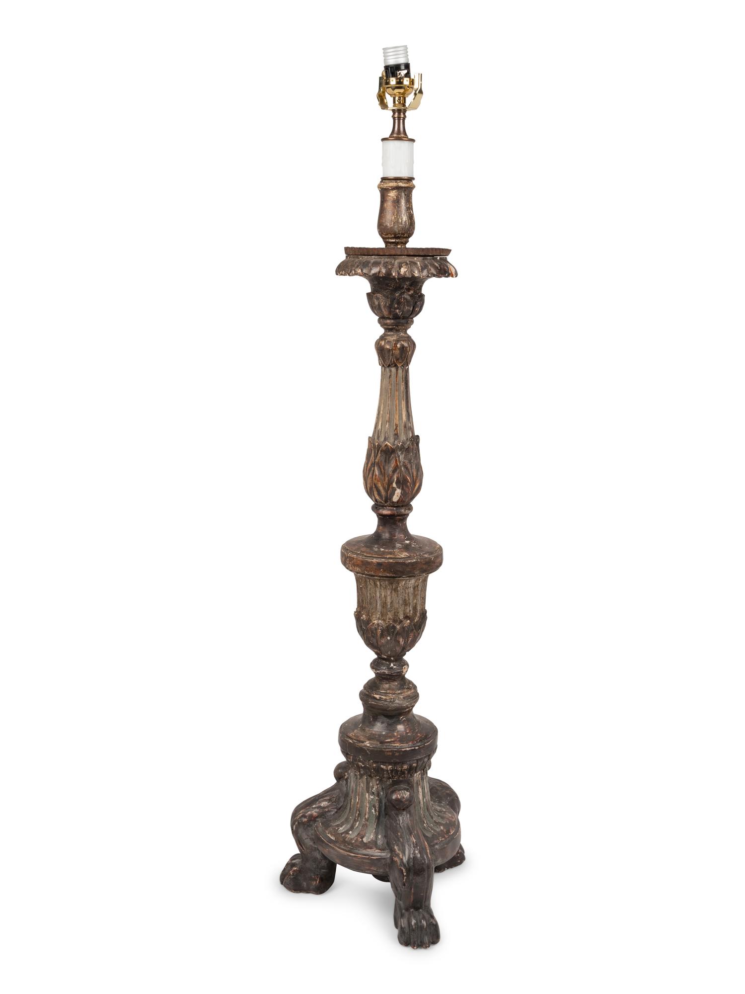 A Large Silvered Wood Pricket Mounted as a Lamp