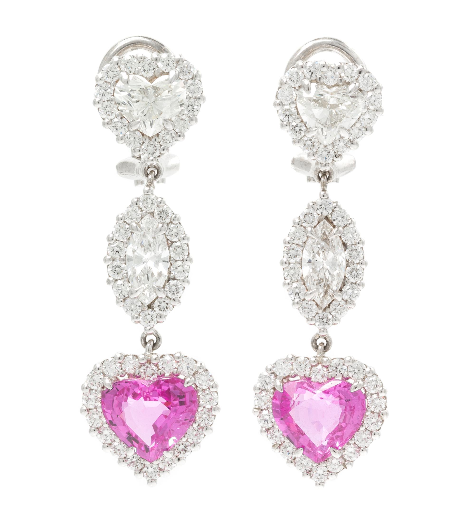 A Pair of White Gold, Diamond and Pink Sapphire Pendant Earrings, 4.80 dwts.