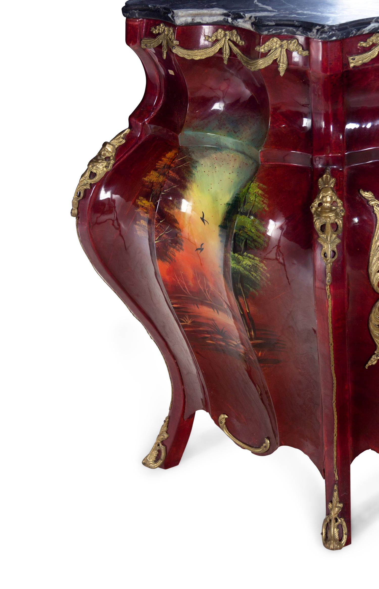 A Louis XV Style Gilt Metal and Vernis Martin Decorated Marble-Top Bombe Commode