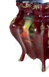 A Louis XV Style Gilt Metal and Vernis Martin Decorated Marble-Top Bombe Commode
