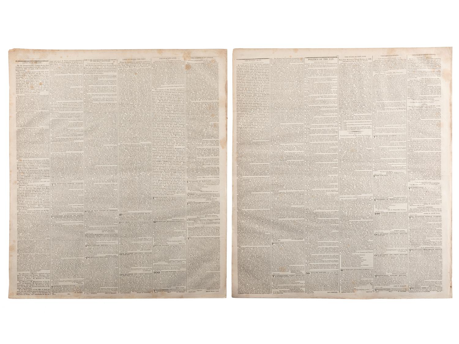 [SLAVERY & ABOLITION]. Advertisements for the return of freedom seekers published in 8 issues of The National Intelligencer . Washington, DC: May-August 1837.