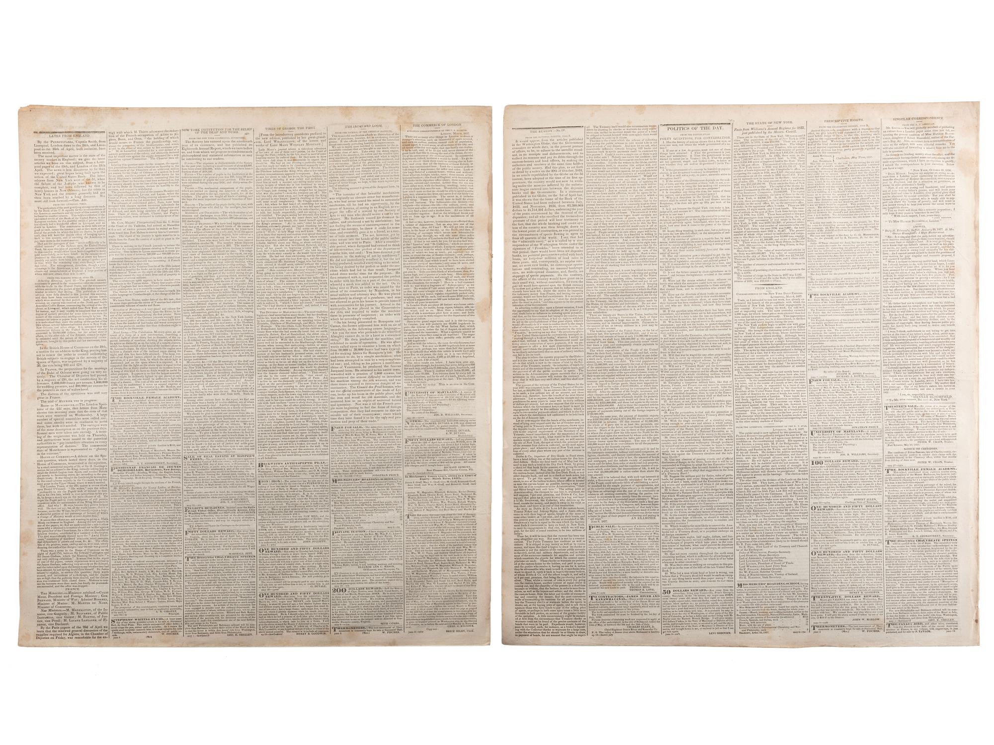 [SLAVERY & ABOLITION]. Advertisements for the return of freedom seekers published in 8 issues of The National Intelligencer . Washington, DC: May-August 1837.
