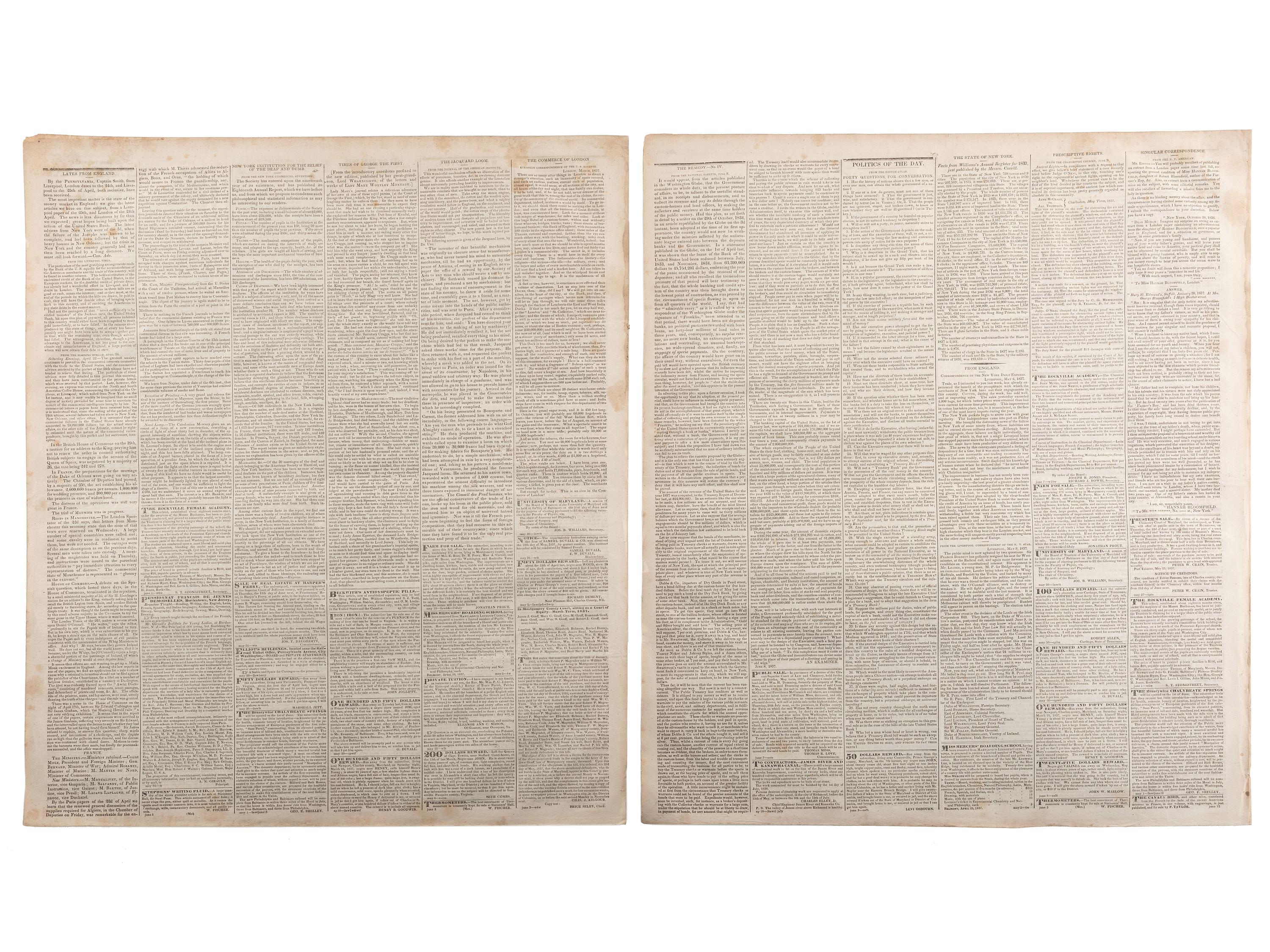 [SLAVERY & ABOLITION]. Advertisements for the return of freedom seekers published in 8 issues of The National Intelligencer . Washington, DC: May-August 1837.