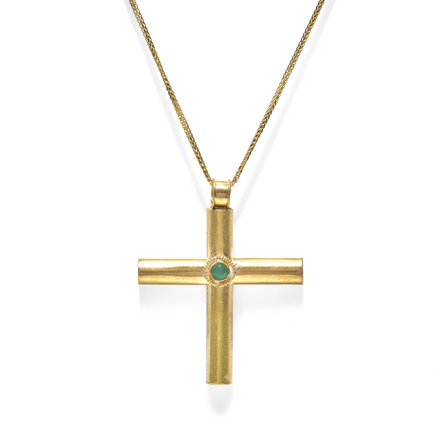 A Byzantine-Style Gold and Glass Cross Pendant — with a gold chain