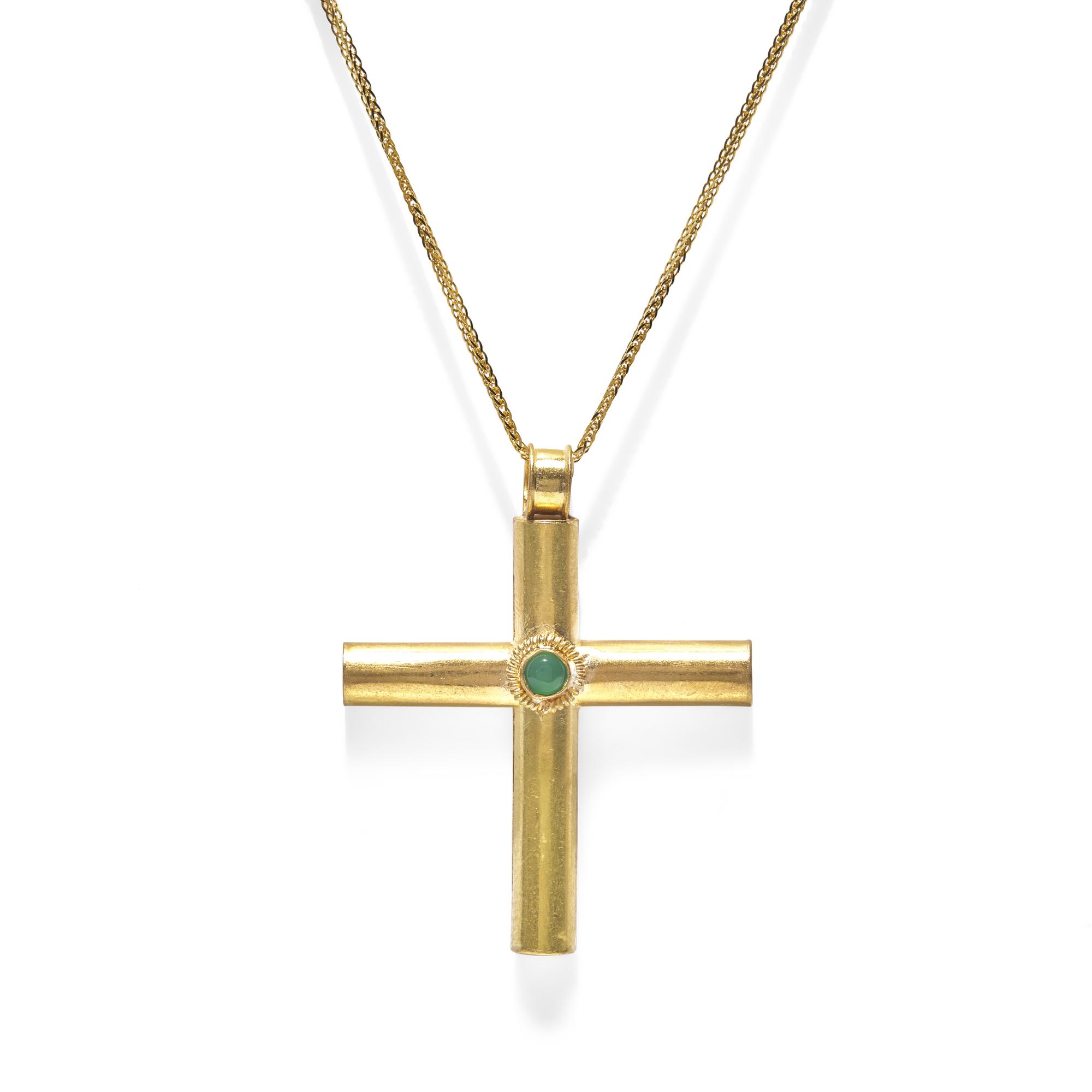 A Byzantine-Style Gold and Glass Cross Pendant — with a gold chain