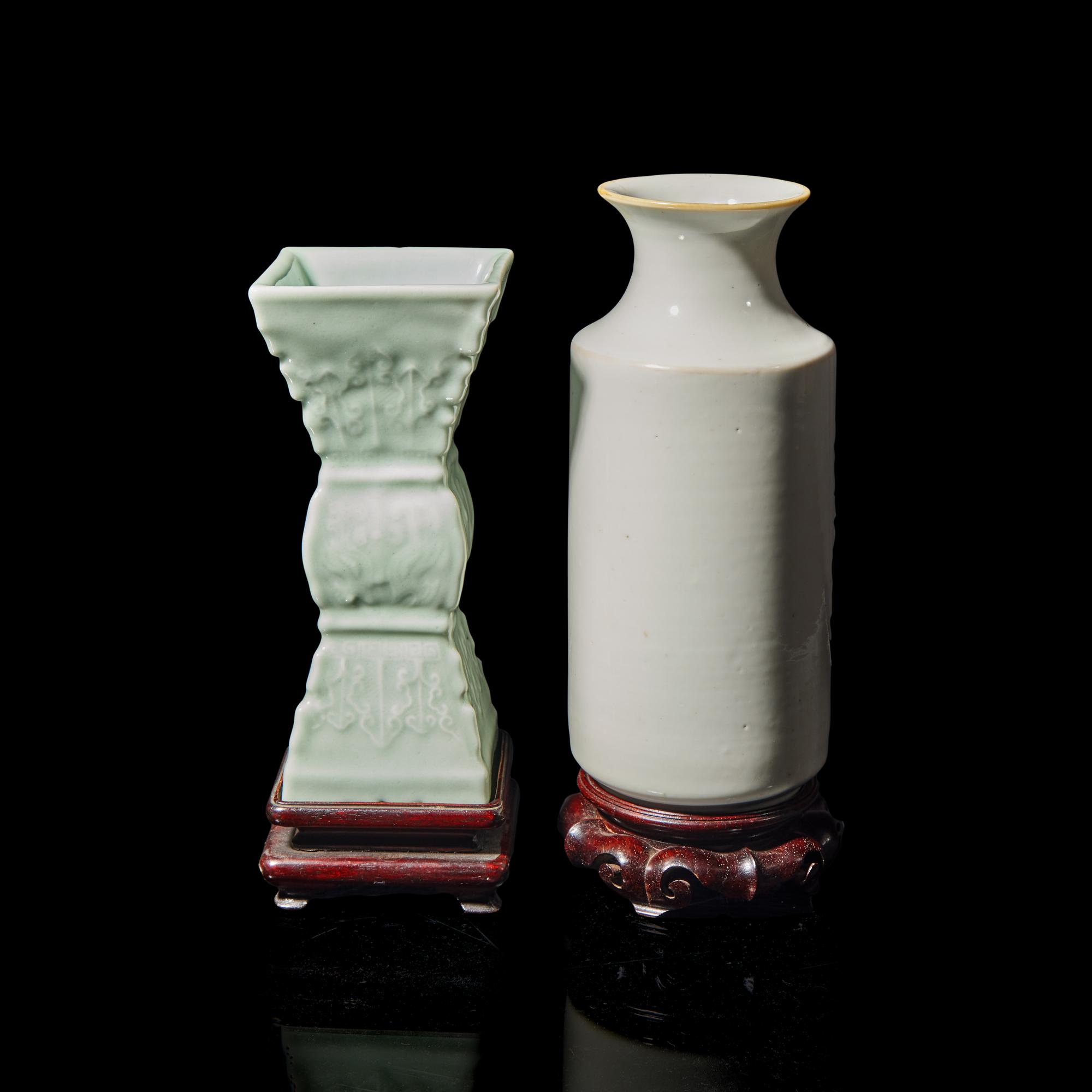 Two Chinese Monochrome Porcelain Vases, 19th Century 晚清 白釉直筒瓶及豆青釉模印雙龍戲珠紋觚各一