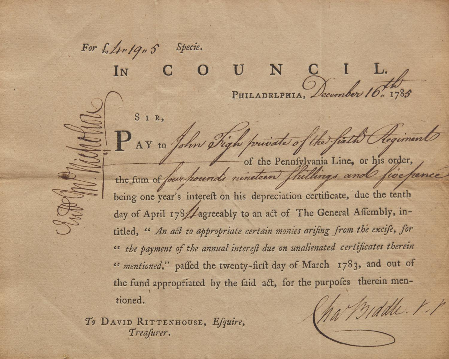 [Americana] Biddle, Charles. Partially-Printed Document, signed