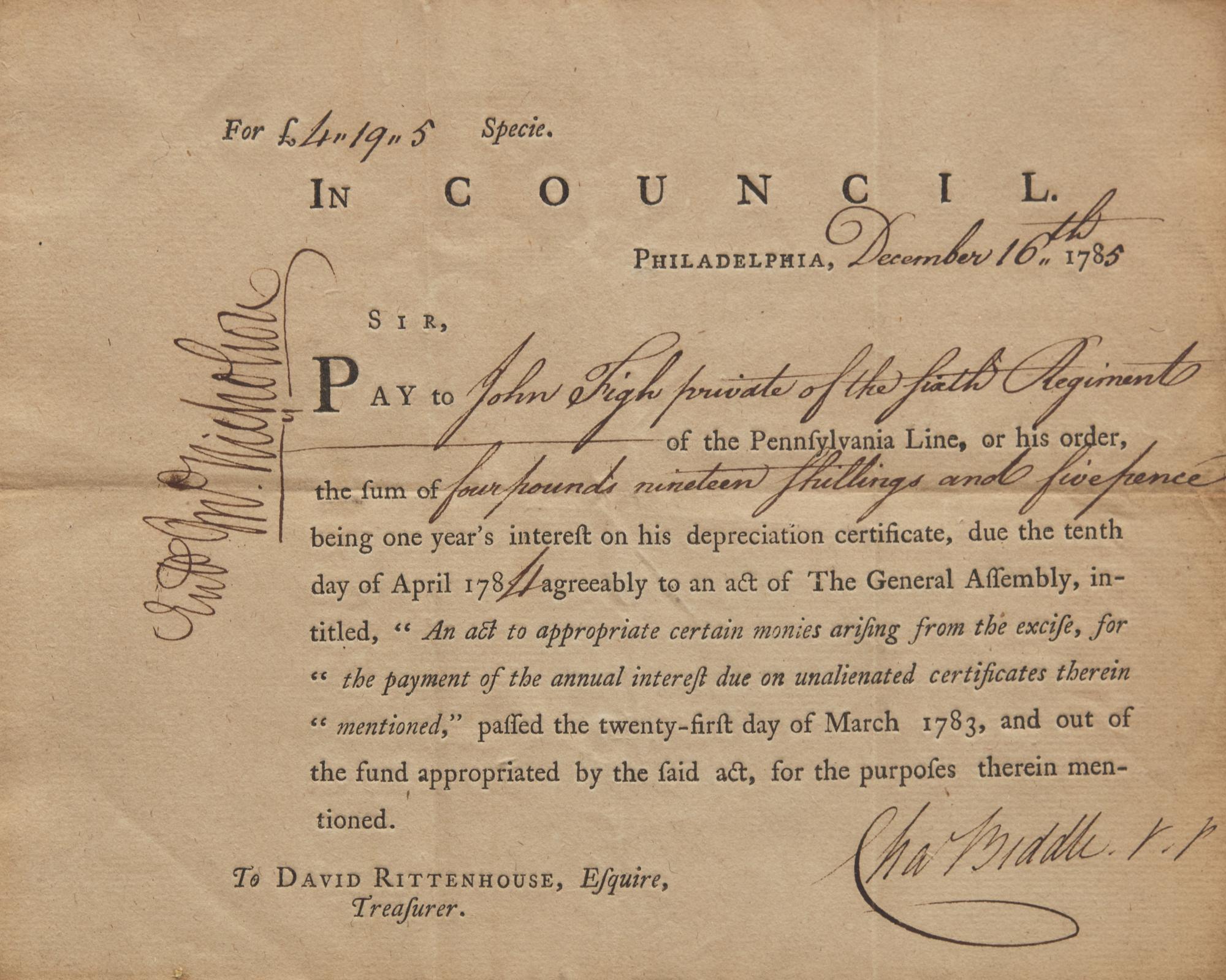 [Americana] Biddle, Charles. Partially-Printed Document, signed
