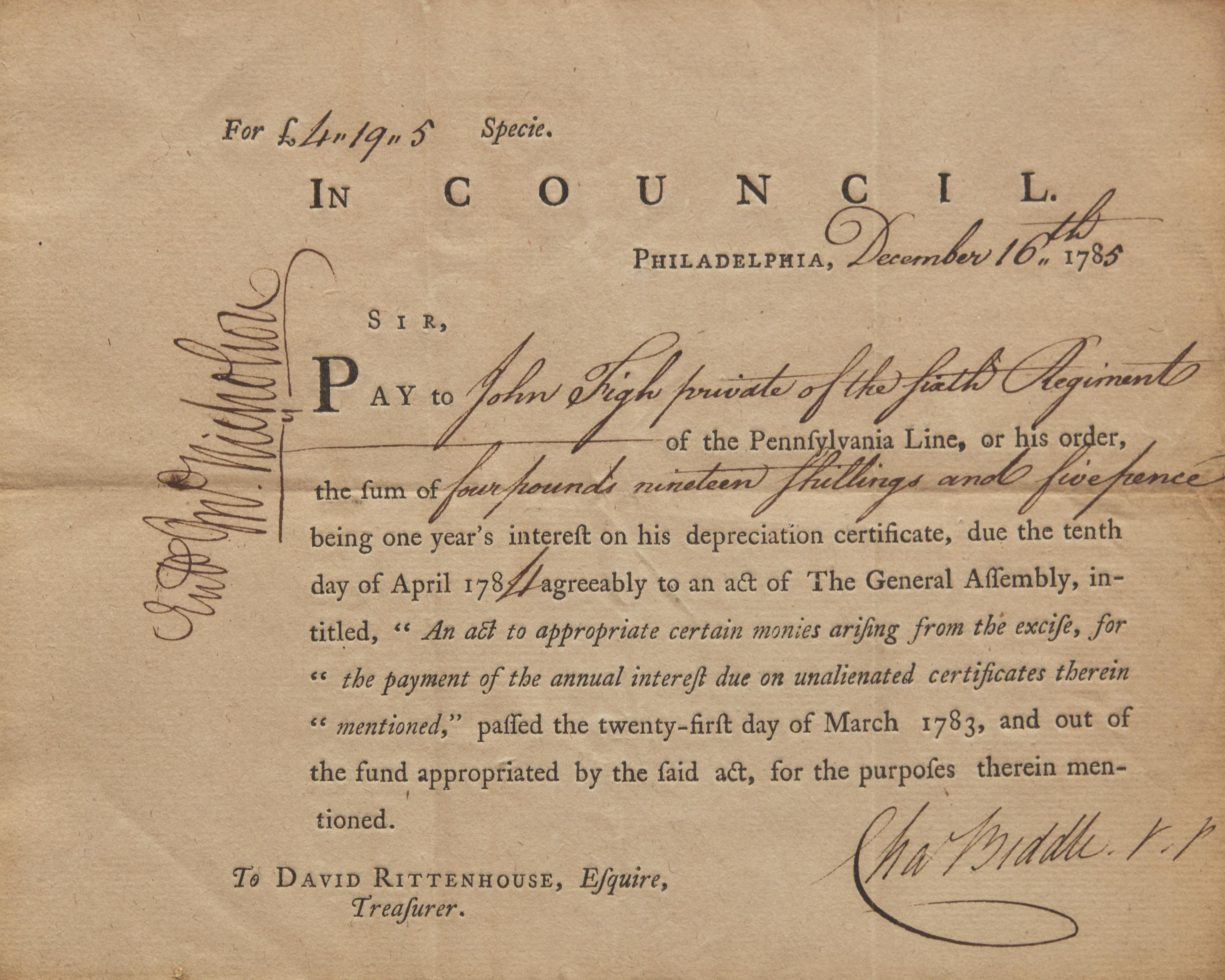 [Americana] Biddle, Charles. Partially-Printed Document, signed