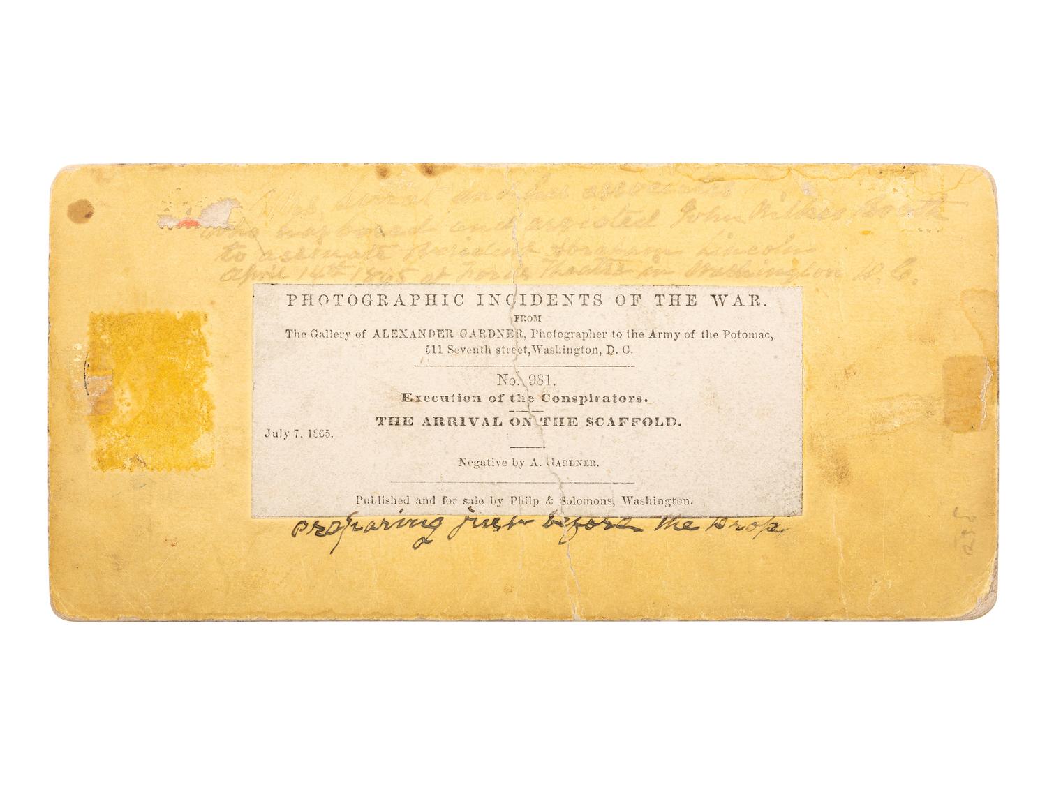 [LINCOLN, Abraham (1809-1865]. GARDNER, Alexander (1821-1882), photographer. Execution of the Conspirators. The arrival on the Scaffold. Washington: Philp & Solomons, ca 1865.