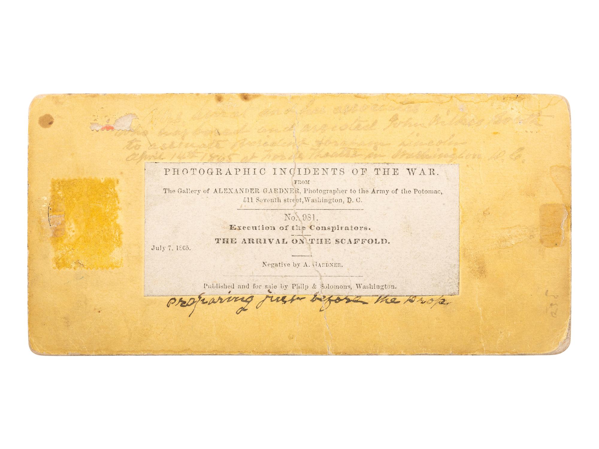 [LINCOLN, Abraham (1809-1865]. GARDNER, Alexander (1821-1882), photographer. Execution of the Conspirators. The arrival on the Scaffold. Washington: Philp & Solomons, ca 1865.
