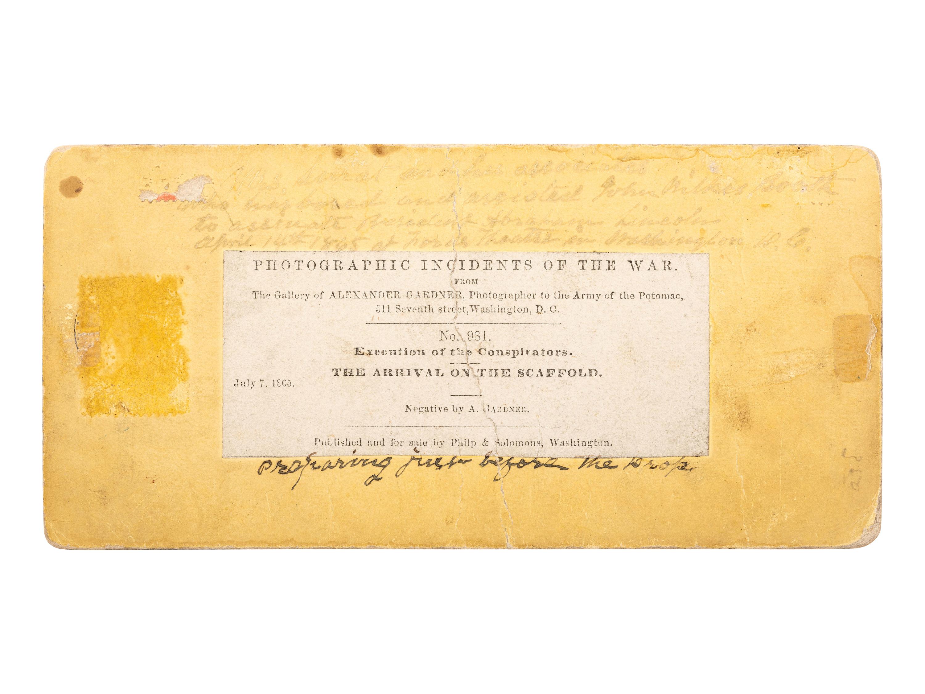 [LINCOLN, Abraham (1809-1865]. GARDNER, Alexander (1821-1882), photographer. Execution of the Conspirators. The arrival on the Scaffold. Washington: Philp & Solomons, ca 1865.