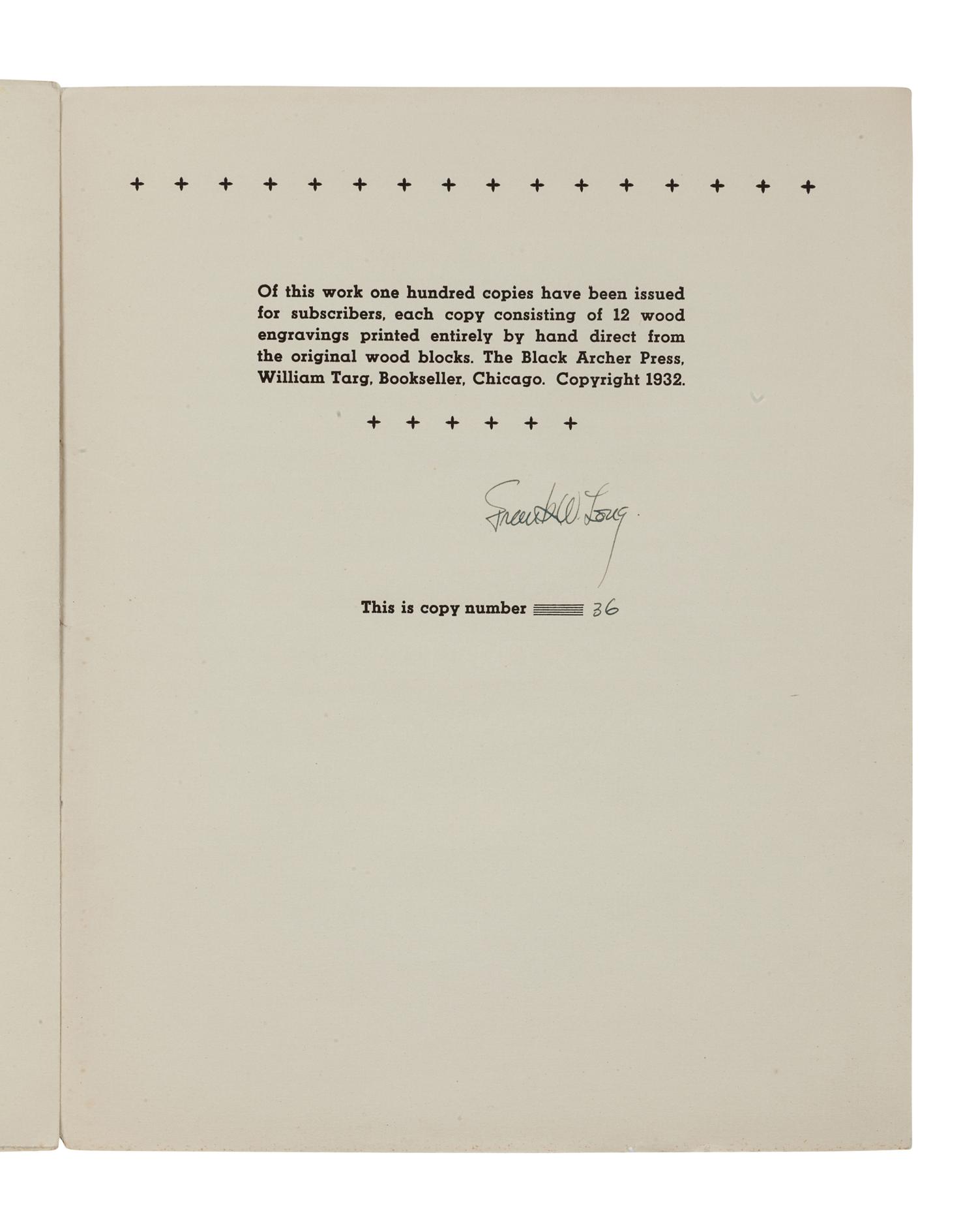 [BLACK ARCHER PRESS]. LONG, Frank Weathers (1906-1999). Herakles The Twelve Labors. Chicago: The Black Archer Press, 1932.