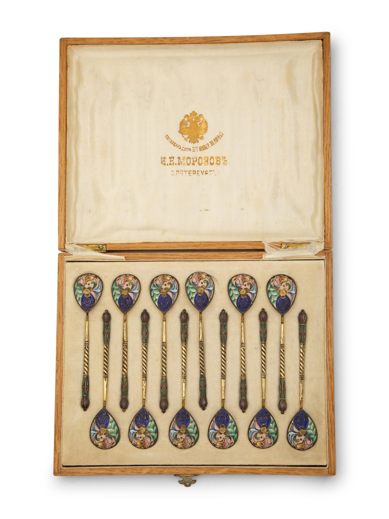 A Cased Set of Russian Enameled Silver-Gilt Spoons — 19TH/20TH CENTURY