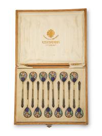 A Cased Set of Russian Enameled Silver-Gilt Spoons — 19TH/20TH CENTURY
