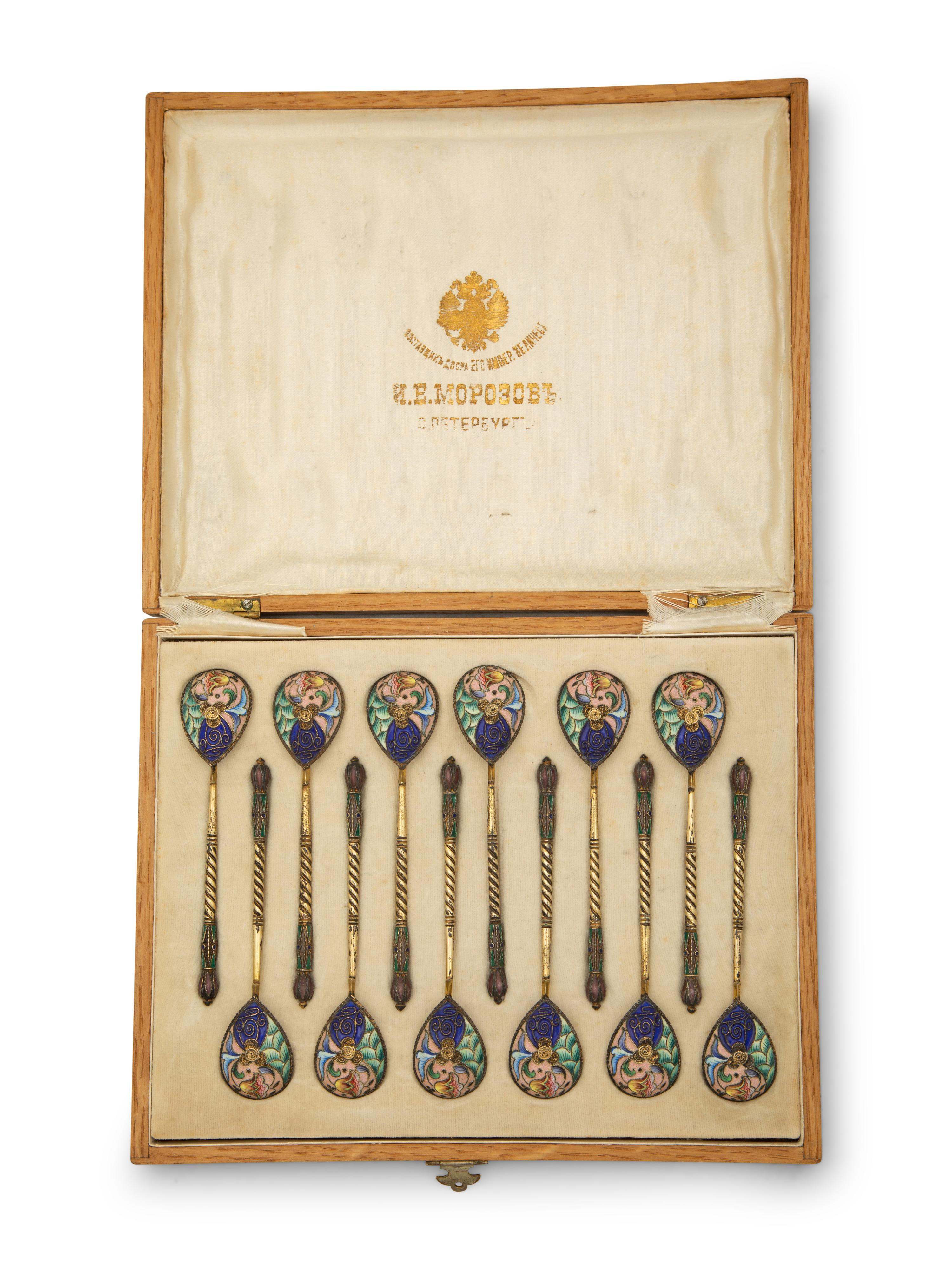 A Cased Set of Russian Enameled Silver-Gilt Spoons — 19TH/20TH CENTURY