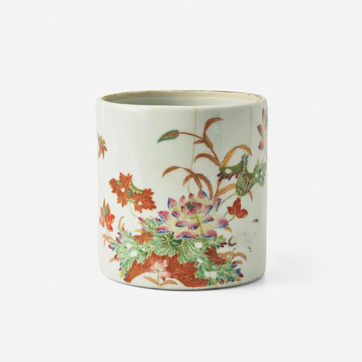 An unusual Chinese famille rose "Lotus and Crane" brush pot with poem 粉彩蓮鶴詩文筆筒
