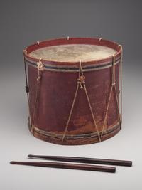 [CIVIL WAR]. E Pluribus Unum red-painted drum featuring eagle motif, with drumsticks.
