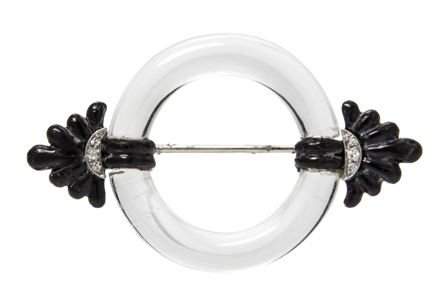 An Art Deco Platinum, Gold, Rock Crystal, Enamel and Diamond Circle Brooch, 8.50 dwts.